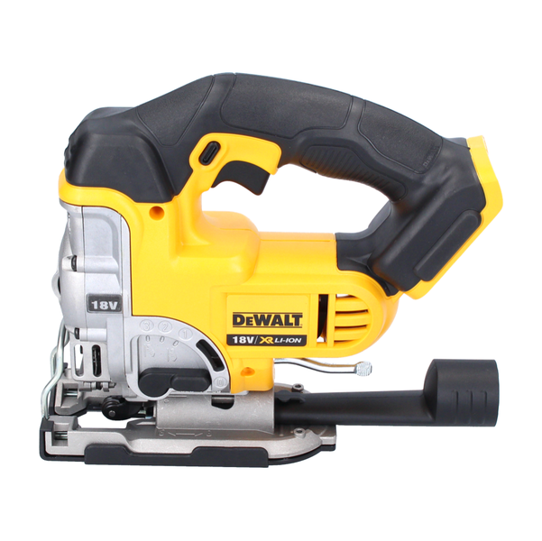 DeWalt 18 Volt Akku-Stichsäge mit ergonomischem Handgriff und verstellbarem Fuß, Seitenansicht ohne Akku.