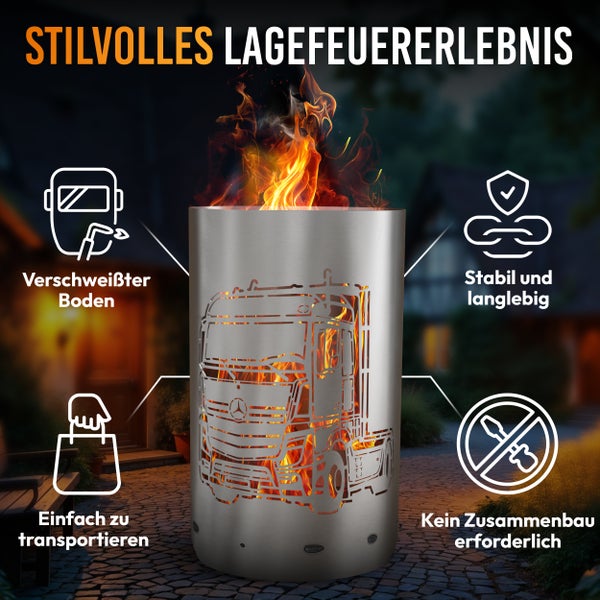 Feuersäule aus Stahl mit LKW-Motiv und brennendem Feuer