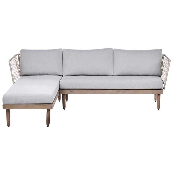 Ecksofa für den Garten mit Holzgestell, grauen Sitz- und Rückenkissen sowie Armlehnen mit Seilgeflecht.