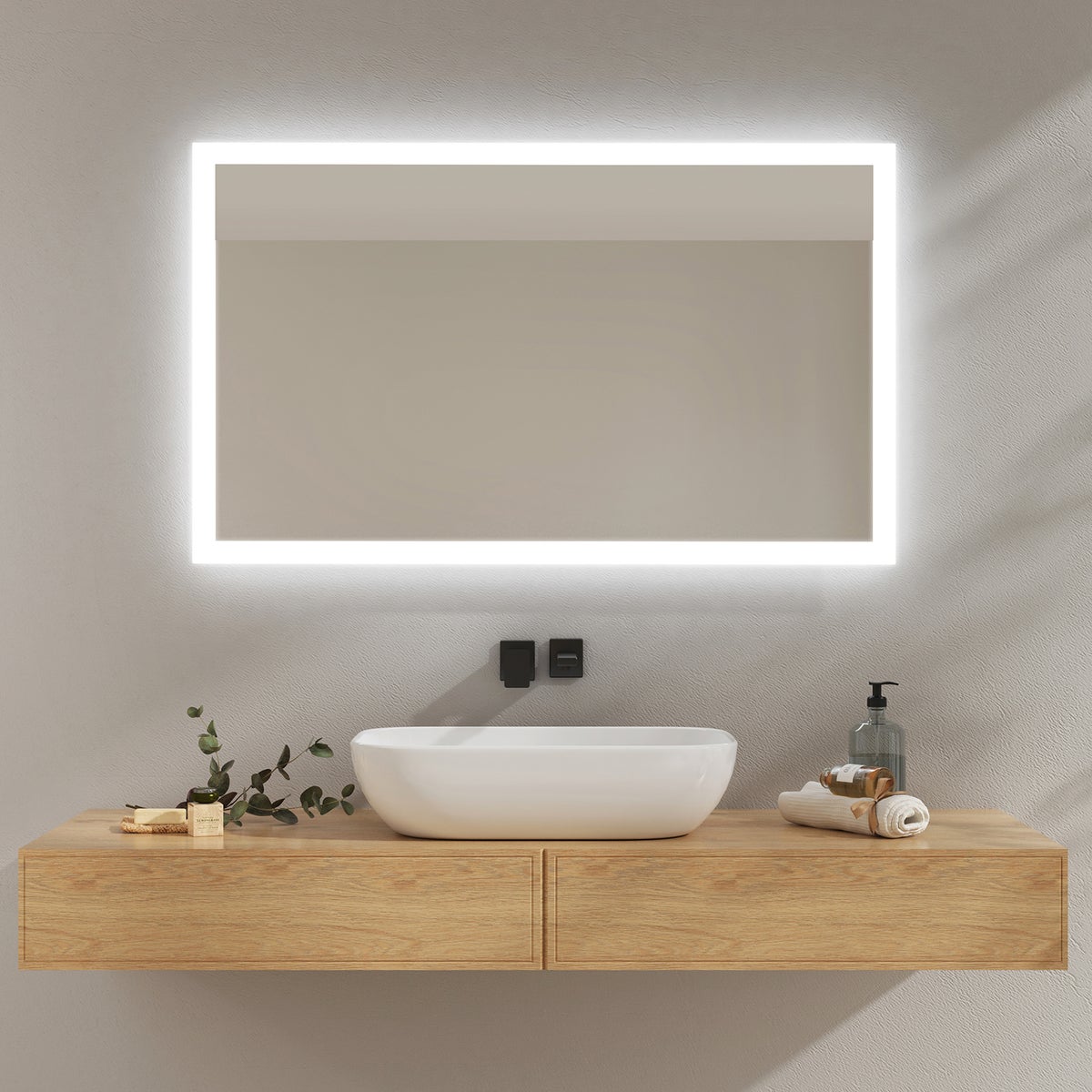 EMKE Badspiegel mit Beleuchtung, 100x60cm, Kaltweißes/Warmweißes Licht, Knopfschalter, Beschlagfrei