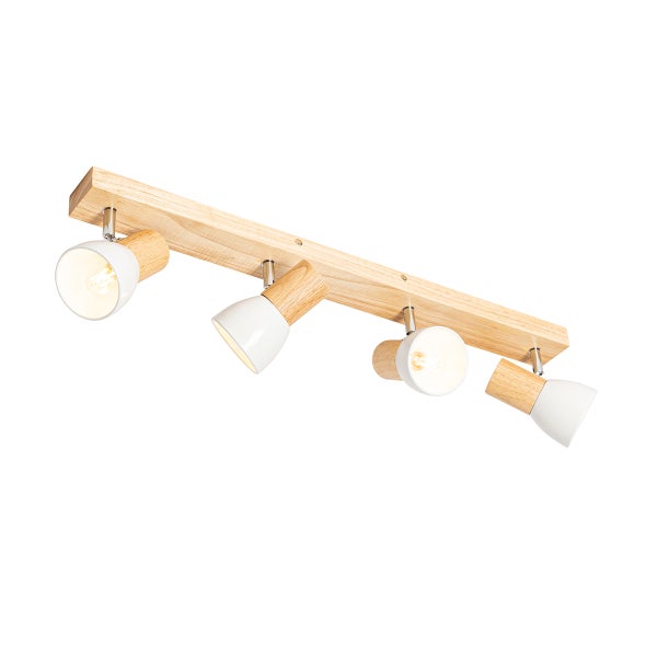 Deckenstrahler mit vier verstellbaren Leuchtenköpfen aus Holz und Metall in moderner Optik
