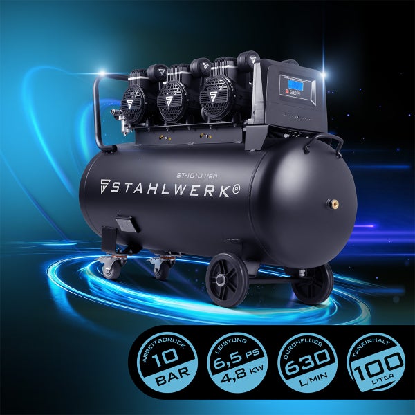 Stahlwerk ST-1010 PRO Kompressor mit 10 bar Arbeitsdruck, 6,5 PS Leistung, 630 Liter pro Minute Durchfluss und 100 Liter Tankinhalt