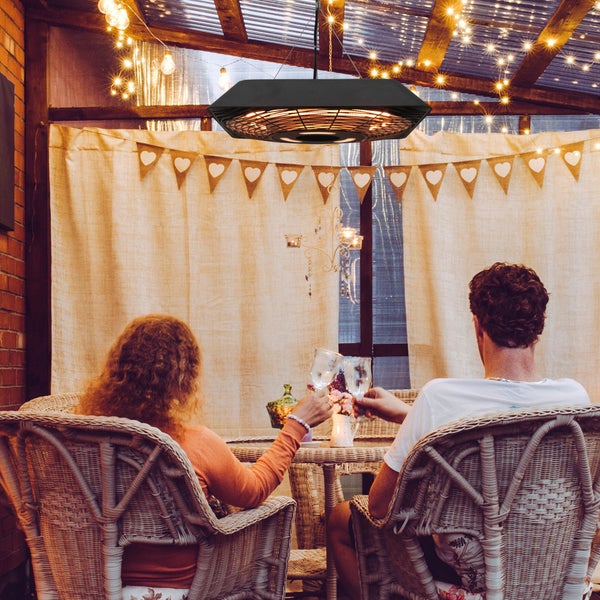 Outsunny Deckenheizstrahler 800W/1200W/2000W, 5 Modi Heizstrahler, IP45, mit Fernbedienung LED-Licht,  45 x 45 x 10 cm, Alu, Glas, Schwarz