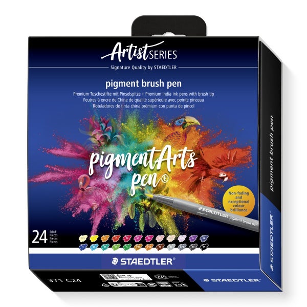 Staedtler Artist Series Pigment-Tuschestifte mit Pinselspitze, 24er Set in einer Kartonverpackung für künstlerisches Zeichnen und Malen.