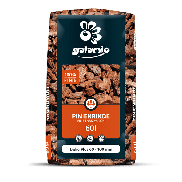 Galamio Pinienrinde Deko Plus 60 bis 100 Millimeter, 60 Liter Sack, 100 Prozent Mittelmeer Pinie, verhindert Unkraut und Austrocknung.
