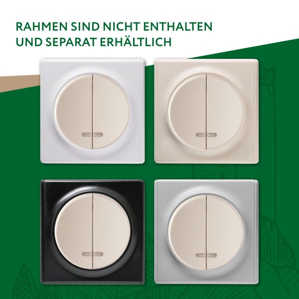 Vier quadratische Lichtschaltereinsätze mit runder Wippe in verschiedenen Ausführungen. Rahmen sind nicht enthalten und separat erhältlich.