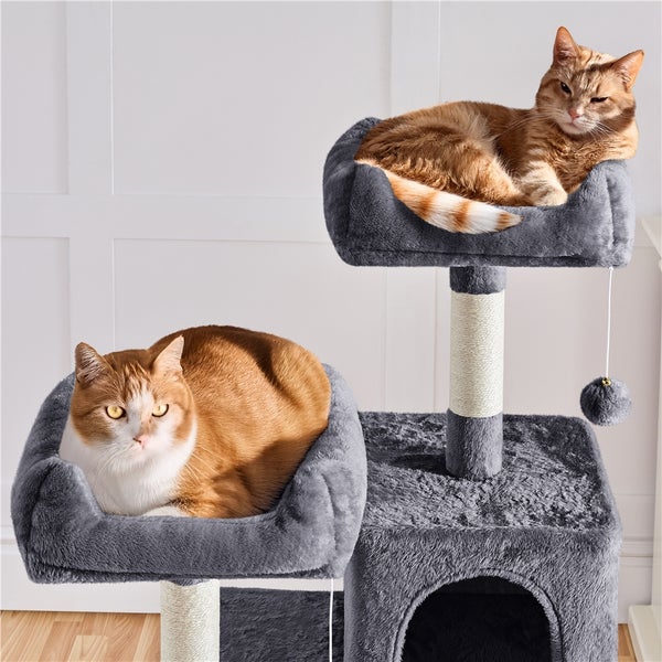 Grauer Katzenkratzbaum mit zwei Katzen, die in den Liegemulden entspannen