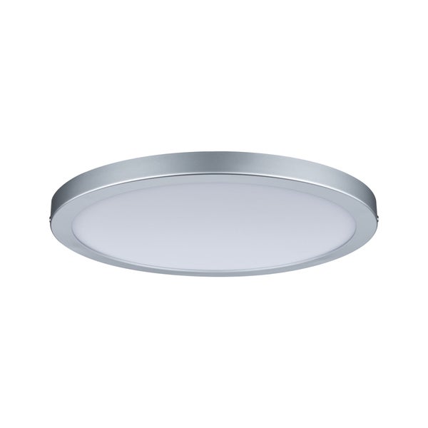 Flache, runde LED-Deckenleuchte mit silberfarbenem Rahmen und weißer Abdeckung.