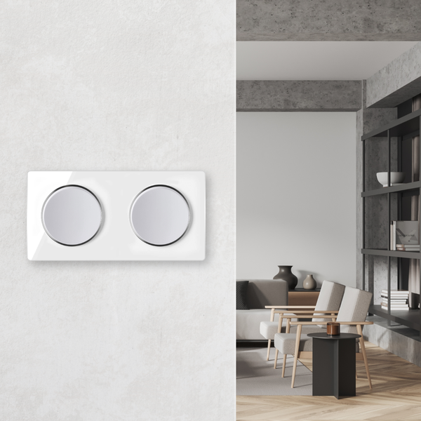 Doppelter Lichtschalter mit runden Wippen auf einer Wand vor einem modern eingerichteten Wohnzimmer mit Sesseln und Regalsystem.