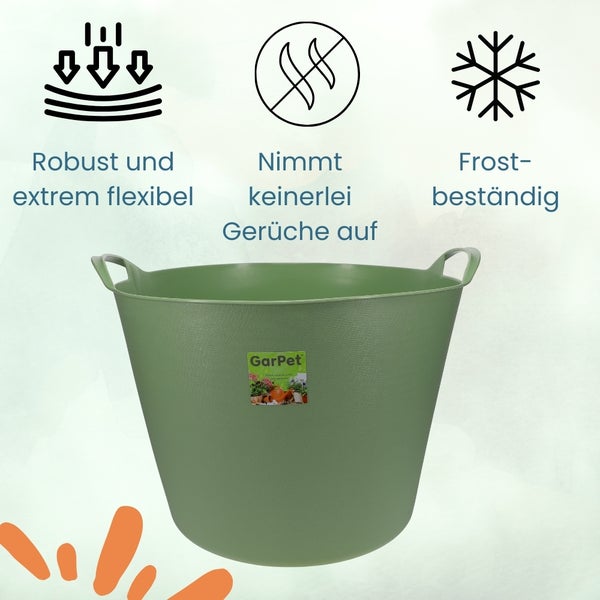 Grüner Garteneimer mit Griffen und den Symbolen Robust, nimmt keine Gerüche auf und Frostbeständig.