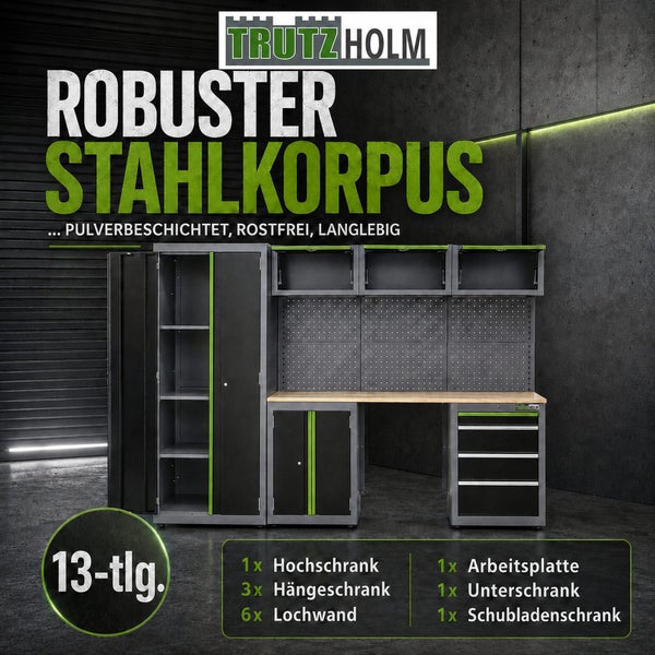Trutzholm 13-teiliges Werkstatt-Schranksystem aus pulverbeschichtetem Stahl mit Hochschrank, Hängeschränken, Lochwänden, Arbeitsplatte und Unterschränken.