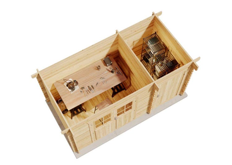 Alpholz Gartenhaus Korfu mit Anbau Gartenhaus aus Holz in natur, Holzhaus mit 28 mm Wandstärke, Blockbohlenhaus mit Montagematerial imprägniert 3,8x2m
