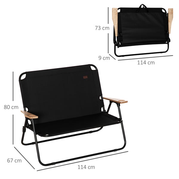 Outsunny Campingstuhl 2-Sitzer klappbar tragbar Gartenstuhl Regiestuhl Klappstuhl mit Getränkehalter für Outdoor Picknick Wandern max. Belastung 160 kg Schwarz 114 x 67 x 80 cm