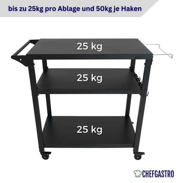 Schwarzer Grillwagen mit drei Ablagen und Rollen. Belastung 25 Kilogramm pro Ablage und 50 Kilogramm pro Haken. ChefGastro Logo.