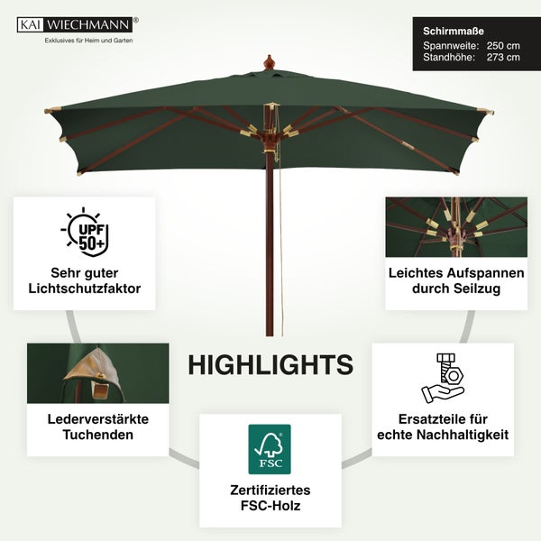 Kai Wiechmann Logo. Holzsonnenschirm, grüner Stoff, 250 Zentimeter, Lichtschutzfaktor 50 plus, FSC Holz, Seilzug, lederverstärkte Enden.