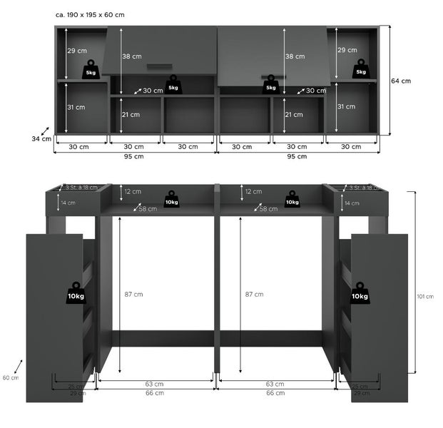 Technische Zeichnung eines modularen Schranksystems mit detaillierten Maßangaben und Gewichtsbelastungen für die einzelnen Fächer und Schubladen.