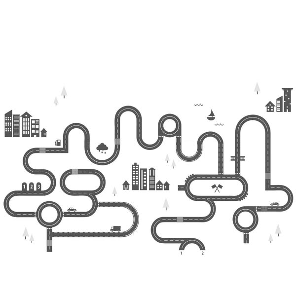 Illustration einer Spielzeugrennstrecke mit Häusern, Bäumen und Fahrzeugen