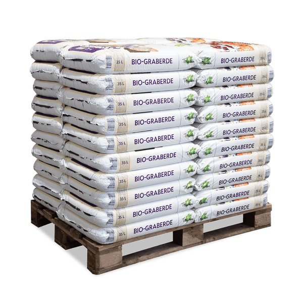 Palette mit 35-Liter-Säcken Bio-Graberde von Torfwerk.