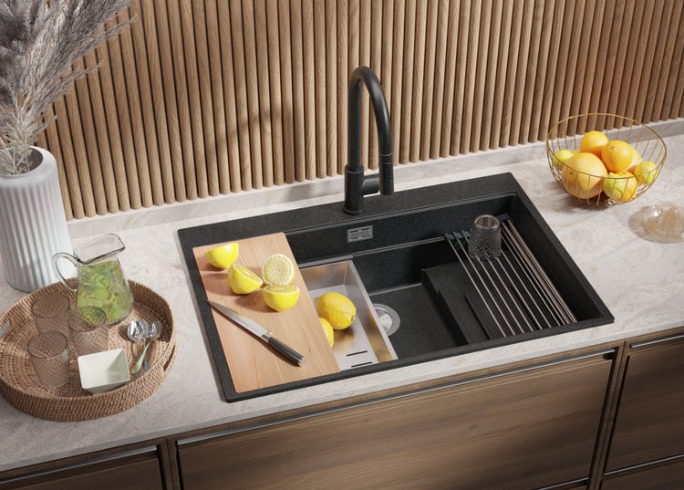 PRIMAGRAN Spülbecken Anthrazit 78x53cm, Granitspüle 1 Becken + Ablauf-Set + Küchenzubehörset, Küchenspüle ab 80er Unterschrank - Oslo Max