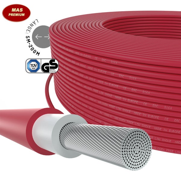 Rotes Solarkabel auf Spule mit Detailansicht des mehrdrähtigen Kerns. MAS Premium Logo, TÜV SÜD Logo, Siegel für geprüfte Sicherheit.