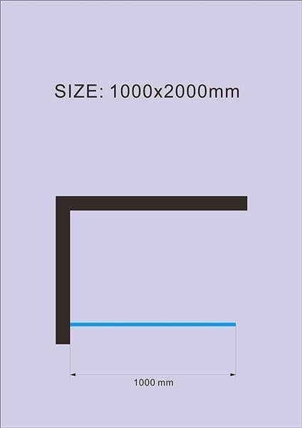 Maßzeichnung einer Duschwand mit den Abmessungen 1000 mal 2000 Millimeter.