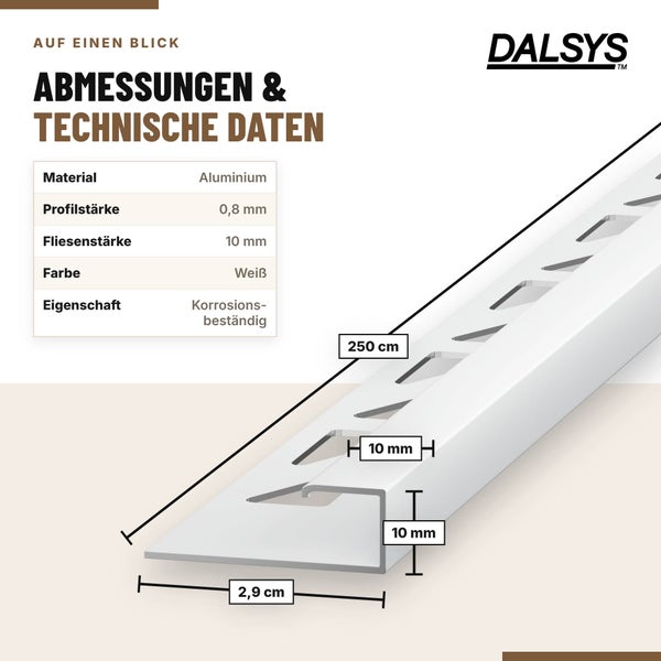Dalsys Fliesenprofil aus Aluminium mit 250 Zentimeter Laenge und 10 Millimeter Hoehe zur technischen Darstellung der Abmessungen.