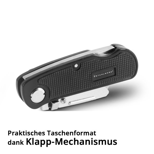 Klappbares Universalmesser von Stahlwerk im praktischen Taschenformat mit Klappmechanismus und strukturierter Griffoberfläche. Stahlwerk Logo.