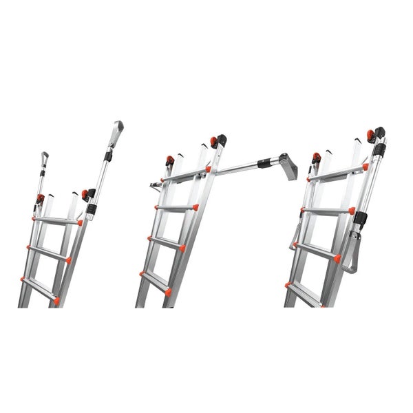 Aluminium-Mehrzweckleiter mit verstellbarem Wandabstandshalter in drei Positionen.