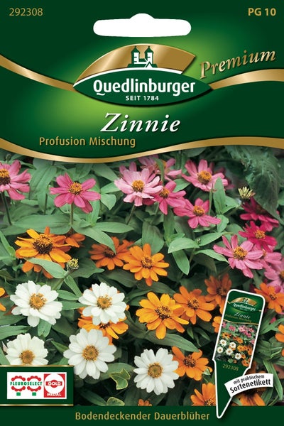 Quedlinburger Saatgut für Zinnien Profusion Mischung, bodendeckender Dauerblüher mit Fleuroselect Goldmedaille und praktischem Sortenetikett.