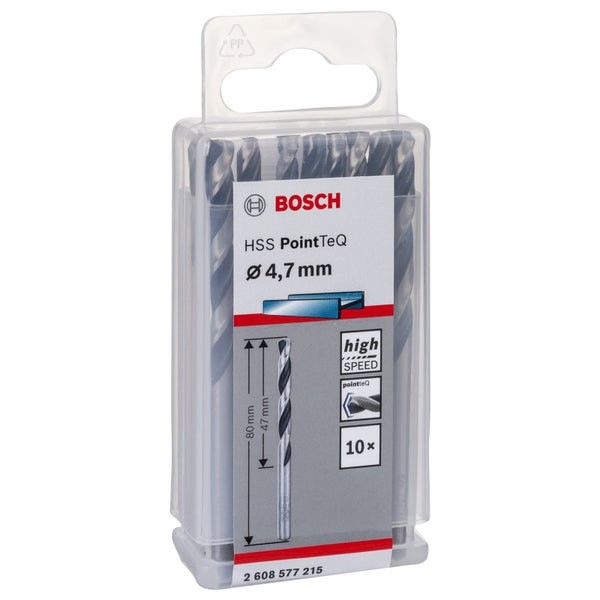 Bosch Logo. HSS PointTeQ Bohrer Set, Durchmesser 4,7 mm, 10 Stück in Kunststoffverpackung.