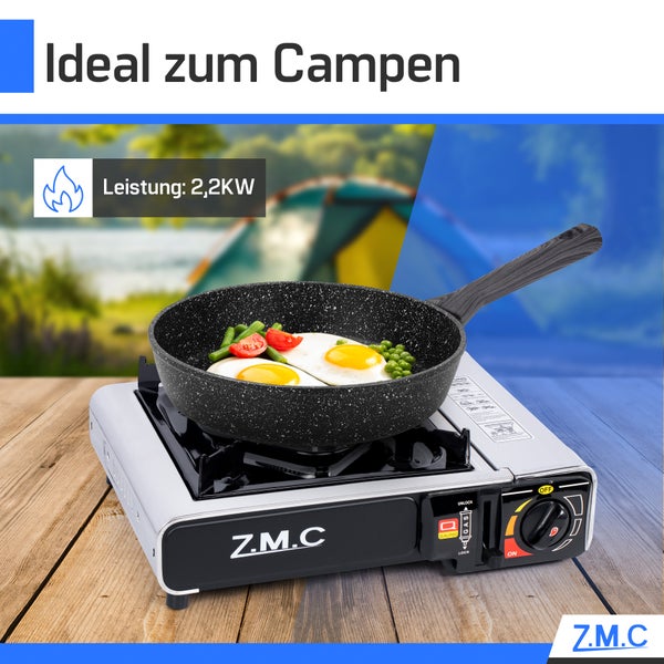 Z.M.C Edelstahl Campingkocher Gaskocher 1 Flammig + Aufbewahrungskoffer + 8x Gaskartuschen 227g für Indoor/Outdoor | Wärmeleistung: 2,2KW  Piezozündung Kartuschenkocher