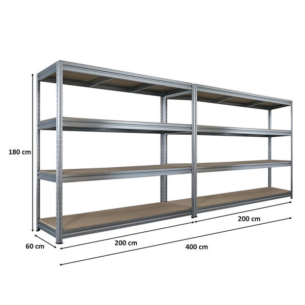 Metallregal mit vier Ebenen und den Maßen 180 x 400 x 60 cm