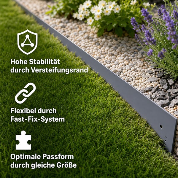Metall Rasenkante mit Versteifungsrand, flexiblem Fast Fix System und präziser Passform als Beetbegrenzung im Garten zwischen Rasen und Kiesbeet.