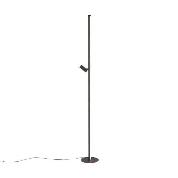 Moderne schwarze LED Stehleuchte mit vertikalem Lichtstab und verstellbarem Spot auf rundem Standfuß.
