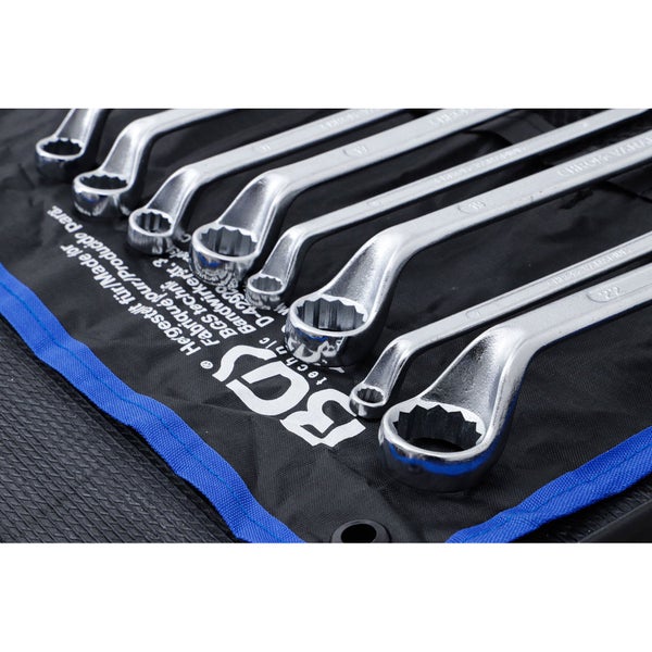 Gekröpfte Ringratschenschlüssel im Satz mit Aufbewahrungstasche