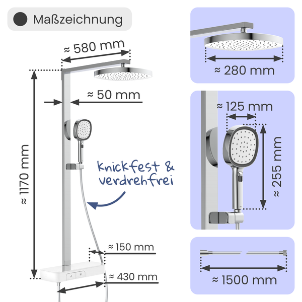 Maßzeichnung eines Duschsystems mit Regendusche und Handbrause. Maße: Gesamthöhe circa 1170 mm, Breite Armatur circa 430 mm.