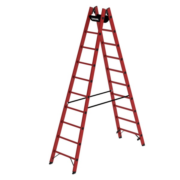 Freistehende, rote Doppelstufenleiter aus Aluminium mit Sprossen
