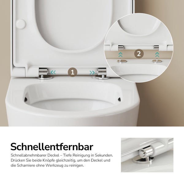 Toilettensitz mit Quick-Release-Funktion zur werkzeuglosen Demontage der Scharniere für eine einfache Reinigung in zwei Schritten.