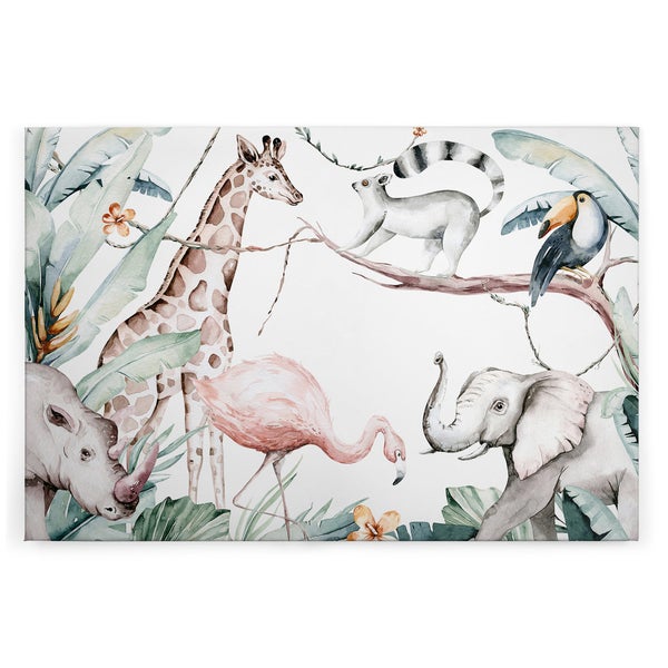 Wandbild mit Dschungelmotiv und Wildtieren wie Giraffe, Elefant, Flamingo, Lemur und Tukan im Aquarellstil auf Leinwand.