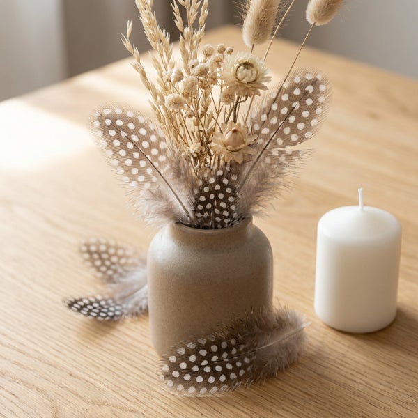 Dekorative Vase aus Keramik mit Trockenblumen und gepunkteten Federn neben einer Stumpenkerze auf einem Holztisch.