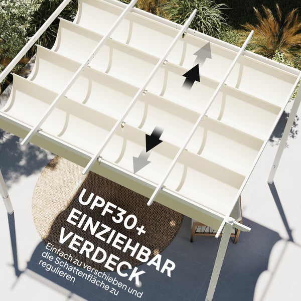 Weiße Pergola mit einziehbarem beigen Verdeck, Ultraviolett-Schutz 30 plus und verstellbarer Schattenfläche.