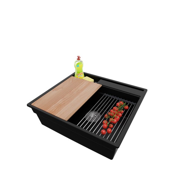PRIMAGRAN Spülbecken Schwarz 58x53cm, Granitspüle 1 Becken + Ablauf-Set + Küchenzubehörset, Küchenspüle ab 60er Unterschrank - Oslo Pocket