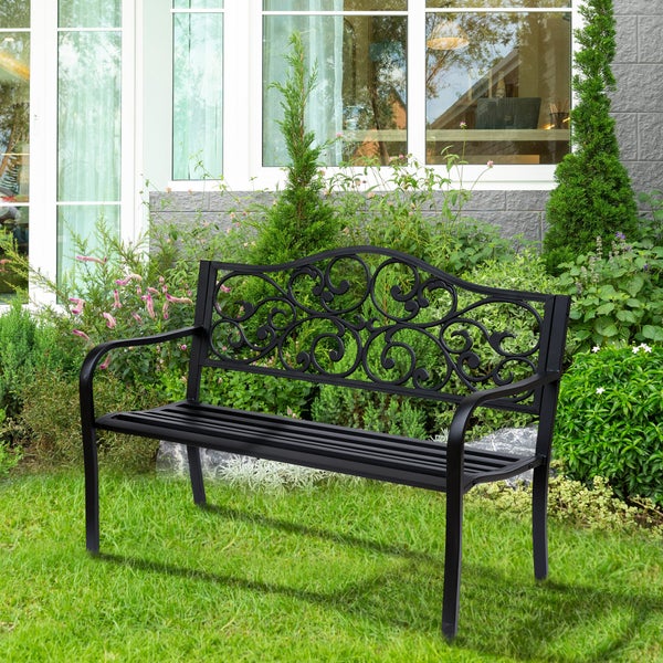 Outsunny 2-Sitzer Gartenbank Parkbank mit ausziehbarem Tisch Sitzbank Bank 240kg belastbar Terrassenbank mit Rücken- & Armlehnen Gartenmöbel für Terrasse, Garten Außenbereich 150x58,5x90 cm Schwarz