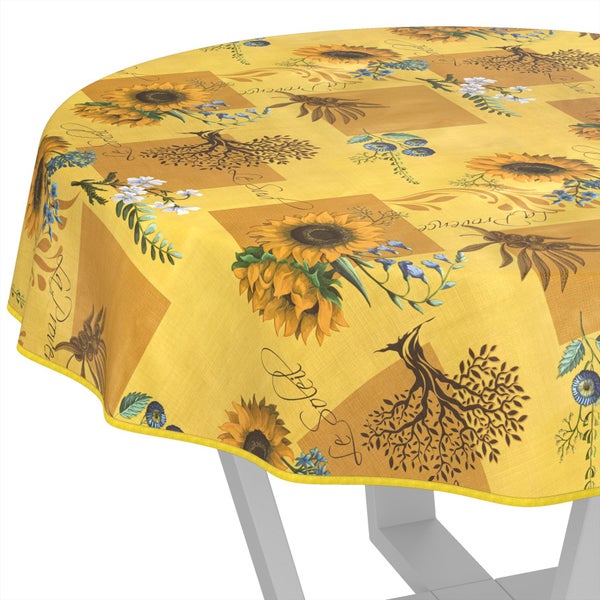 Gelbes rundes Wachstuch mit Sonnenblumen- und Provence-Motiv.