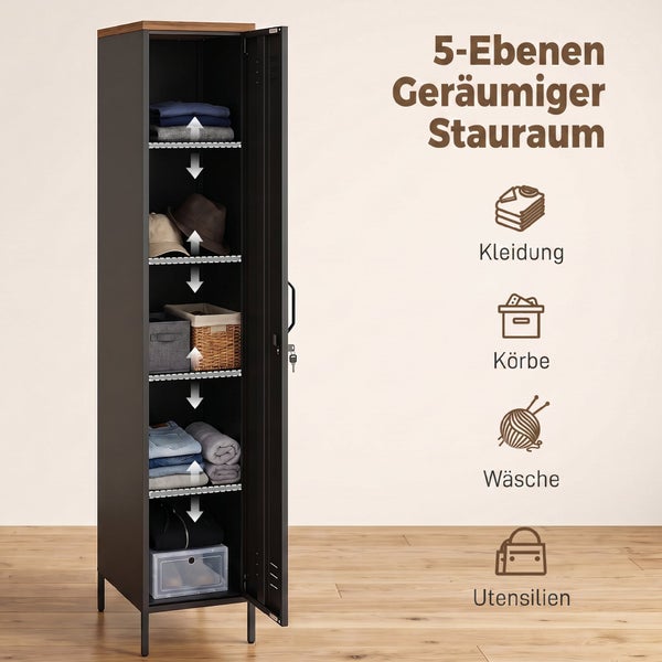 Hoher Metallschrank mit fünf Ebenen zur Aufbewahrung von Kleidung, Körben, Wäsche und Utensilien.