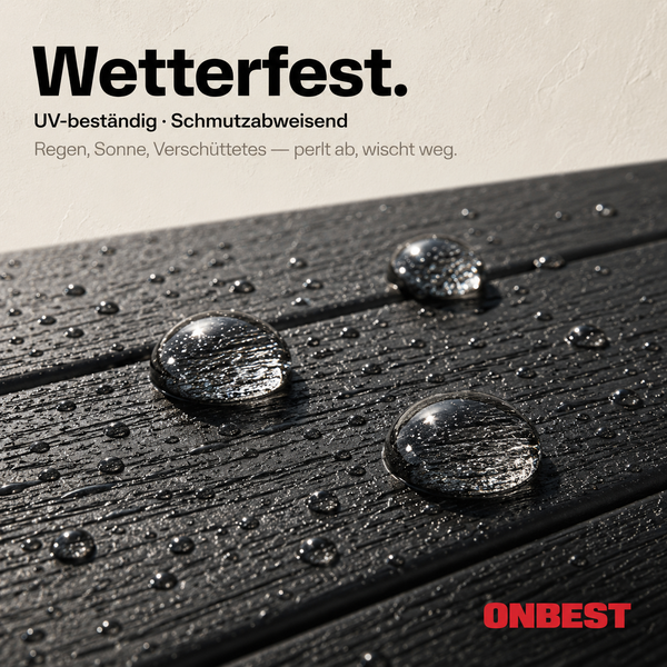 Wassertropfen perlen auf einer wetterfesten, strukturierten Oberfläche ab. UV-beständig und schmutzabweisend. ONBEST Logo.