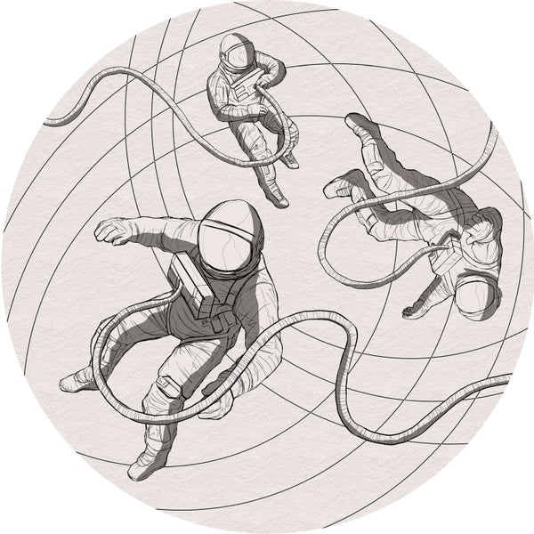 Illustration von drei Astronauten im Weltraum mit Verbindungskabeln