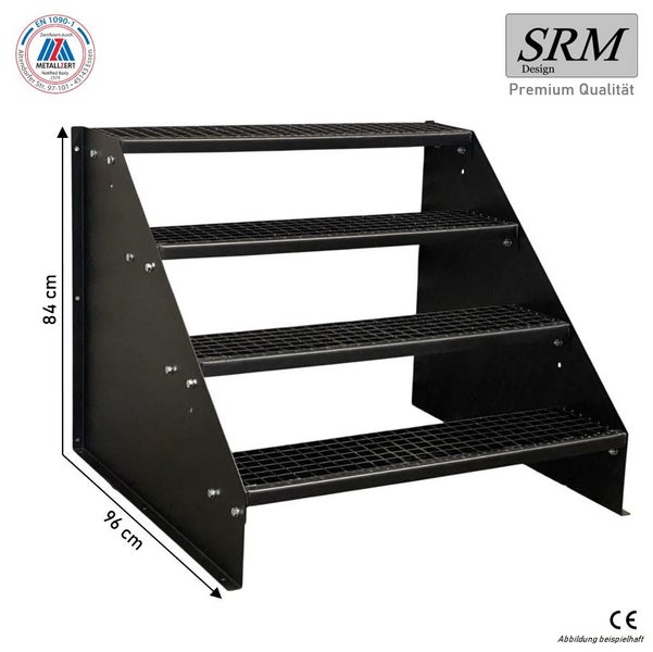 Schwarze Stahltreppe mit 4 Stufen aus Gitterrost, Höhe 84 Zentimeter, Tiefe 96 Zentimeter, SRM Design Logo.