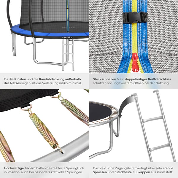 Detaillierte Ansichten eines Gartentrampolins mit Sicherheitsnetz, Reißverschluss, belastbaren Federn und stabiler Zugangsleiter.