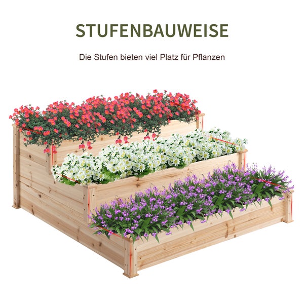Outsunny Hochbeet 3-stufige Gartenbeet Pflanzenbeet  Kräuterbeet Blumentreppe für Balkon Garten Natur Tannenholz 124 x 124 x 56 cm